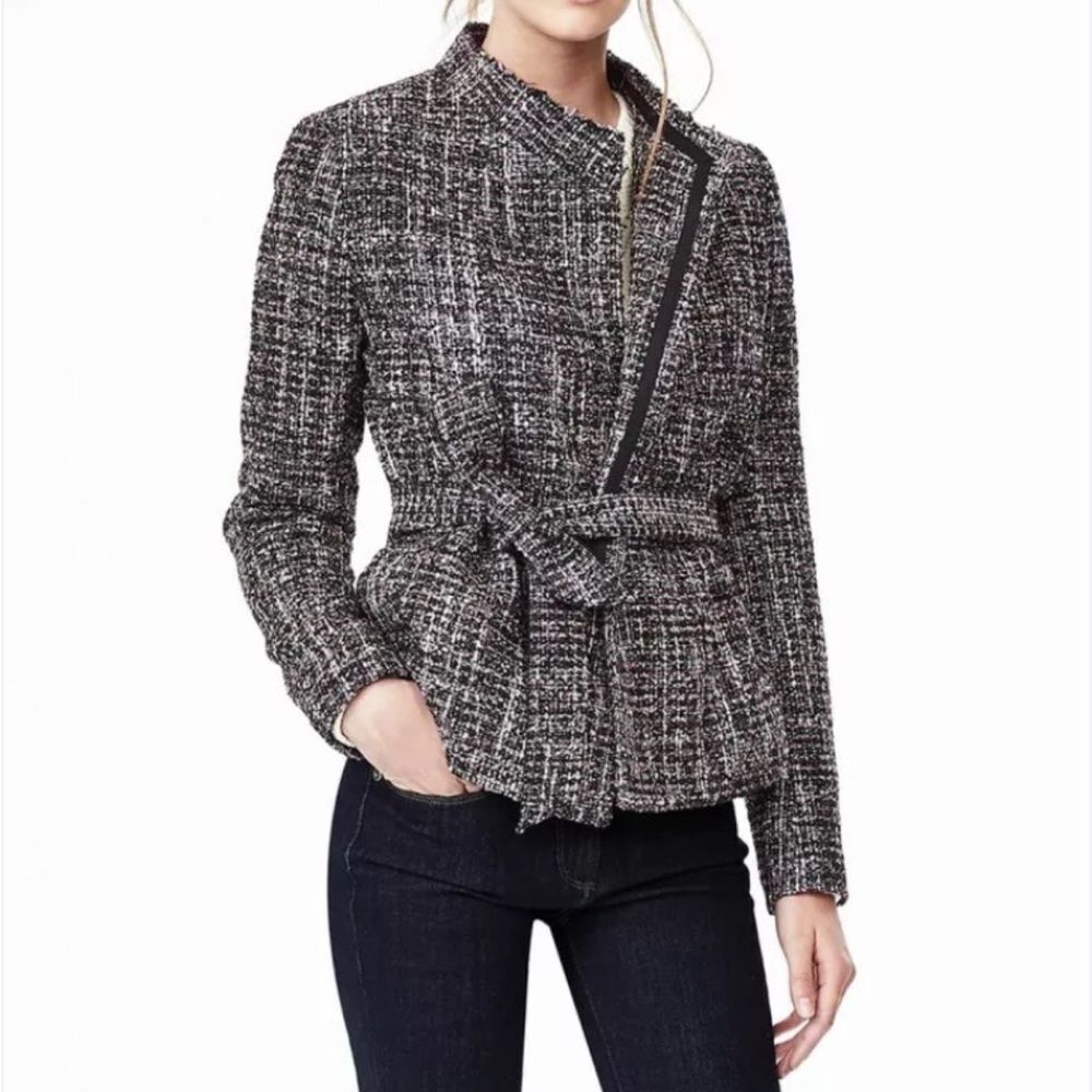 Banana Republic Navy Plaid Raw Cut Tweed Wrap Jacket | M
